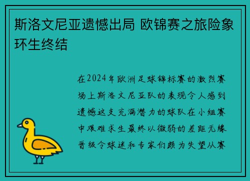 斯洛文尼亚遗憾出局 欧锦赛之旅险象环生终结