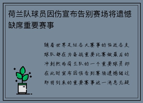 荷兰队球员因伤宣布告别赛场将遗憾缺席重要赛事