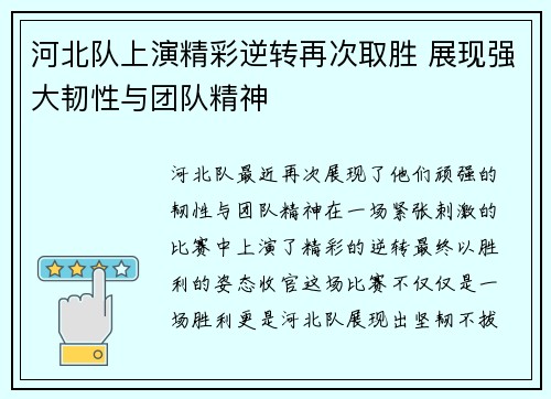 河北队上演精彩逆转再次取胜 展现强大韧性与团队精神