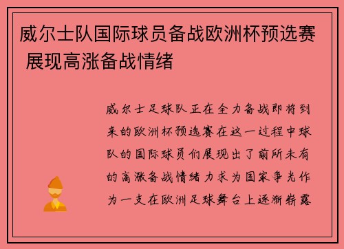 威尔士队国际球员备战欧洲杯预选赛 展现高涨备战情绪