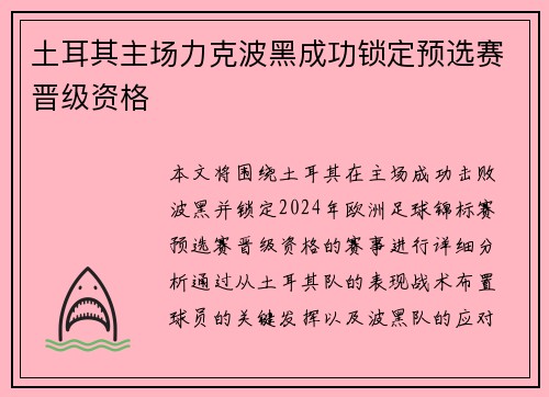土耳其主场力克波黑成功锁定预选赛晋级资格