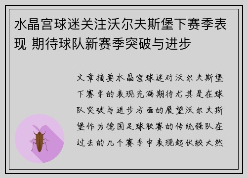 水晶宫球迷关注沃尔夫斯堡下赛季表现 期待球队新赛季突破与进步
