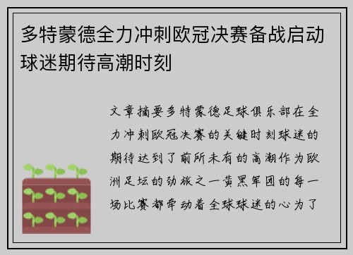 多特蒙德全力冲刺欧冠决赛备战启动球迷期待高潮时刻